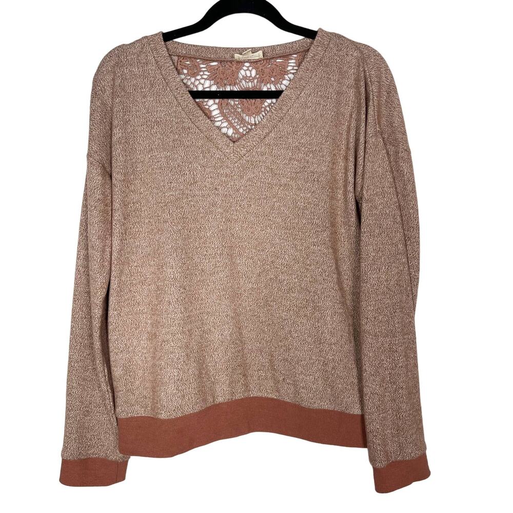 Hem & Thread M Orange Rust Heather Lace Inset Back VNeck Pullover Sweatshirt